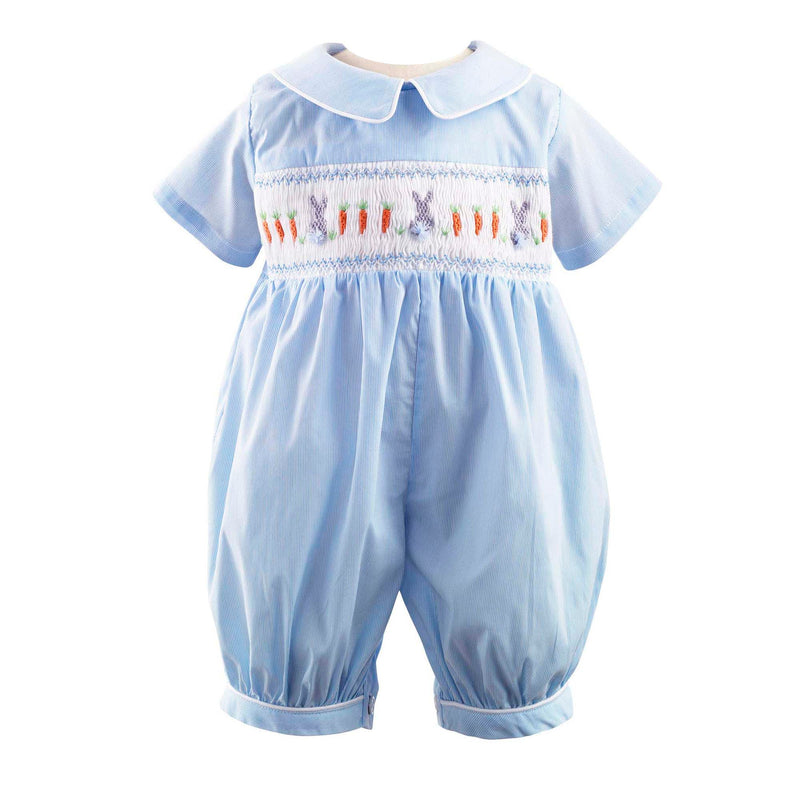 Blue and ivory striped babysuit with hand-smocked bunnies across the chest, short sleeves and peter pan collar.