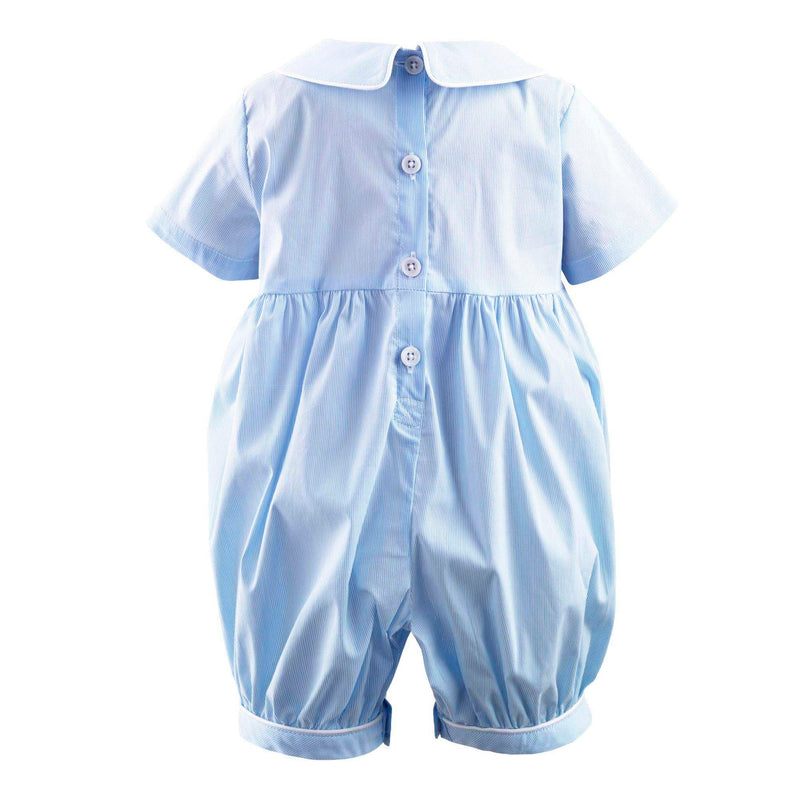 Blue and ivory striped babysuit with hand-smocked bunnies across the chest, short sleeves and peter pan collar.