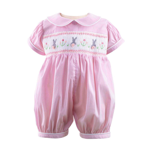 Pink and ivory stripe babysuit with smocked bunnies on the chest, short sleeves and peter pan collar