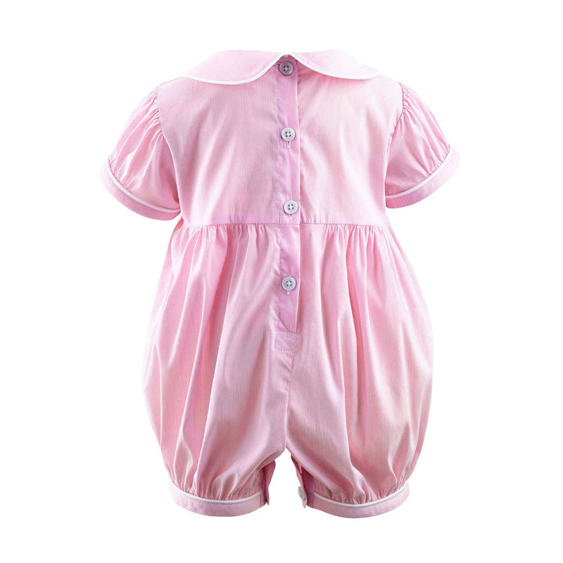 Pink and ivory stripe babysuit with smocked bunnies on the chest, short sleeves and peter pan collar