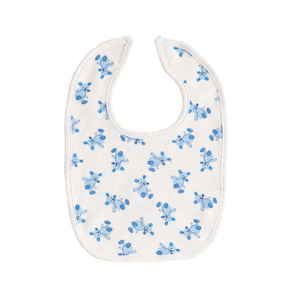 Soft jersey ivory bib with blue teddy print and velcro closure.