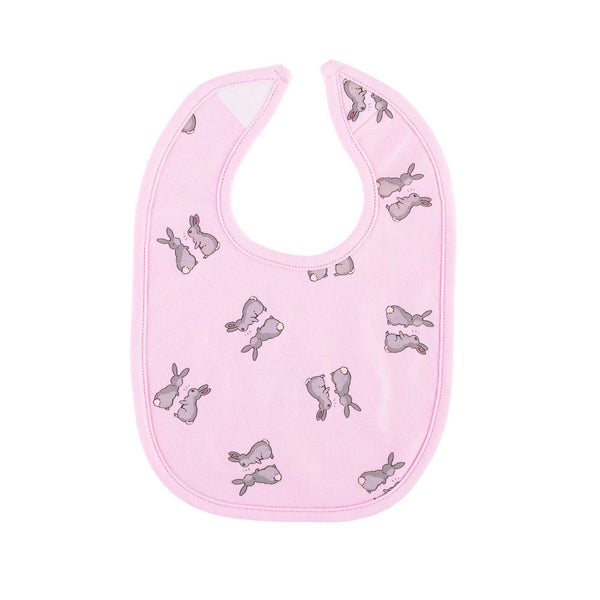 Soft jersey pink bib with grey bunnies print and velcro closure.