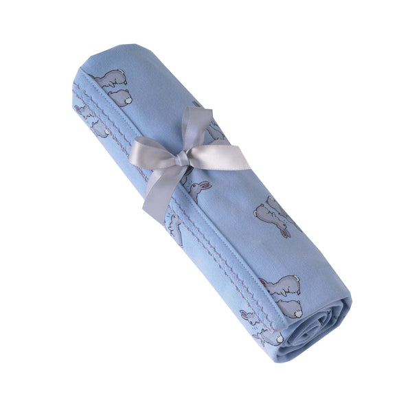 Soft cotton interlock blanket with grey bunnies print on blue base, with grey picot trim.