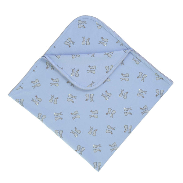 Soft cotton interlock blanket with grey bunnies print on blue base, with grey picot trim.