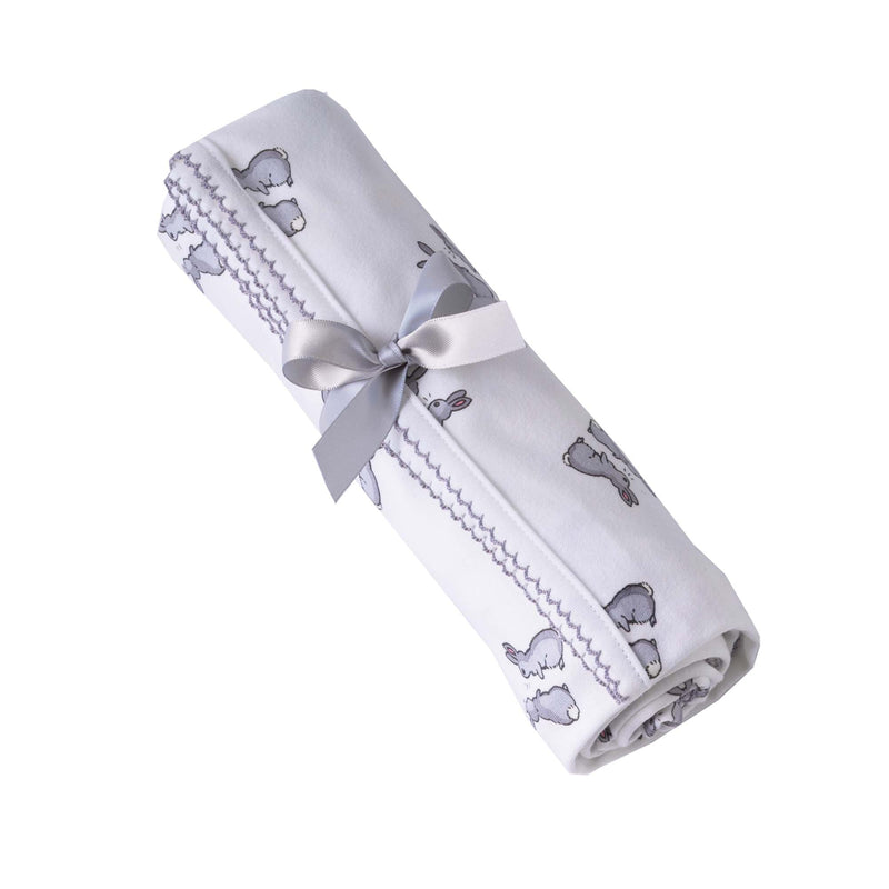Soft cotton interlock blanket with grey bunnies print on white base, with grey picot trim.