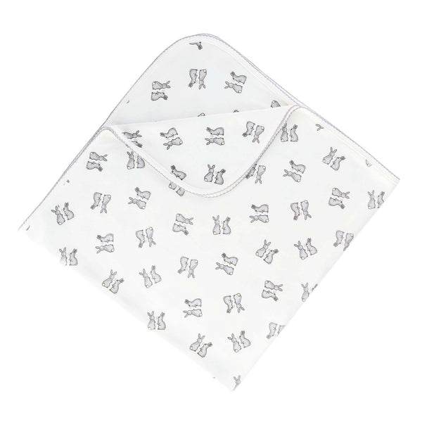 Soft cotton interlock blanket with grey bunnies print on white base, with grey picot trim.