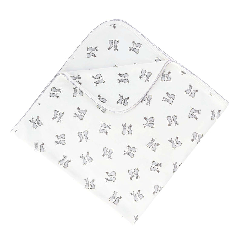 Soft cotton interlock blanket with grey bunnies print on white base, with grey picot trim.
