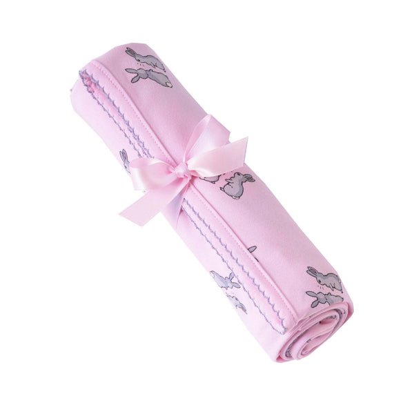 Soft cotton interlock blanket with grey bunnies print on pink base, with grey picot trim.