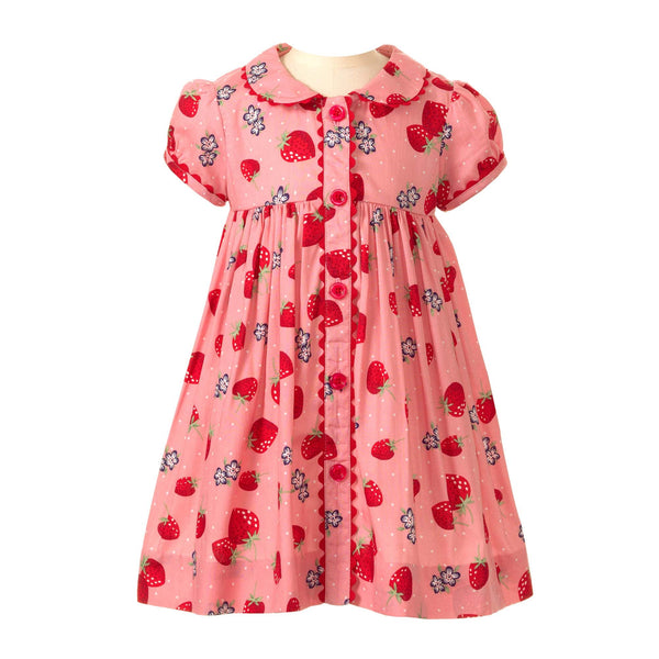 Babies pink button-front dress with vintage strawberry print, coordinating ricrac trims and buttons.