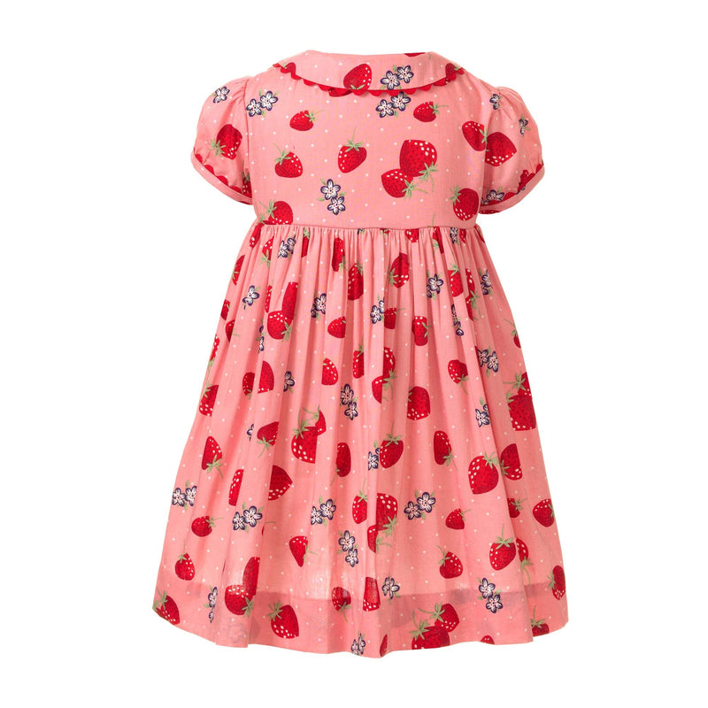 Babies pink button-front dress with vintage strawberry print, coordinating ricrac trims and buttons.