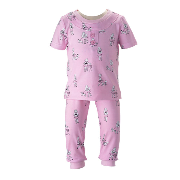 Baby girl pink jersey pyjamas with cute dolly print.