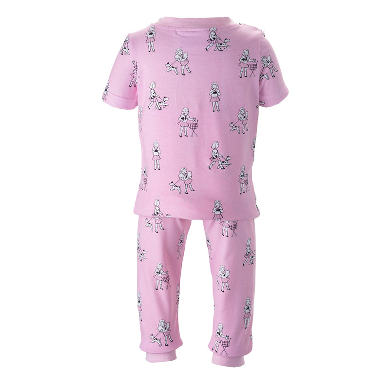 Baby girl pink jersey pyjamas with cute dolly print.