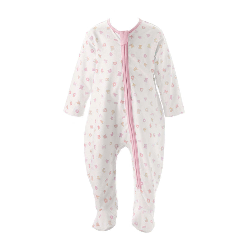 Soft cotton babygro with letter print in shades of pink and yellow and zip fastening.