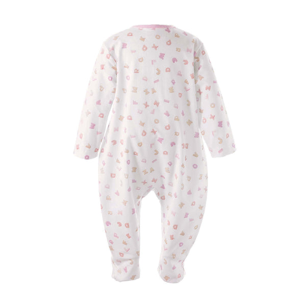 Soft cotton babygro with letter print in shades of pink and yellow and zip fastening.