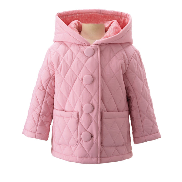 Children's pink quilted jacket with hood, patch pocket on the front and striped pink lining.