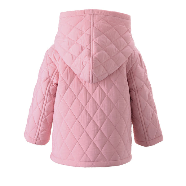 Children's pink quilted jacket with hood, patch pocket on the front and striped pink lining.