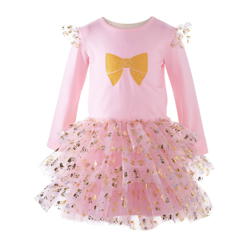 Long Sleeve Bow Print Tutu Dress