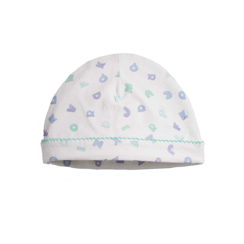 Babies' soft jersey hat with letter print in blue shades to match Blue Alphabet babygro.