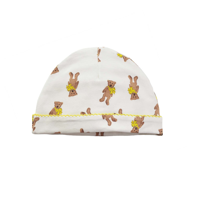 Babies jersey hat with brown teddy print on ivory and yellow trimming