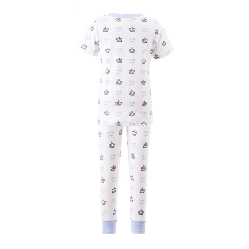 Boys white jersey pyjamas with "My Little Prince" print, with short sleeves and long trousers.