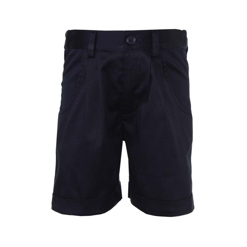Boys navy tailored shorts with turn-ups, side and back pockets, pleats and zip fly.