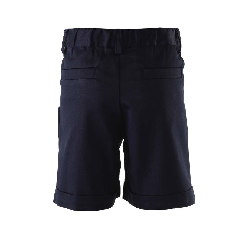 Boys navy tailored shorts with turn-ups, side and back pockets, pleats and zip fly.