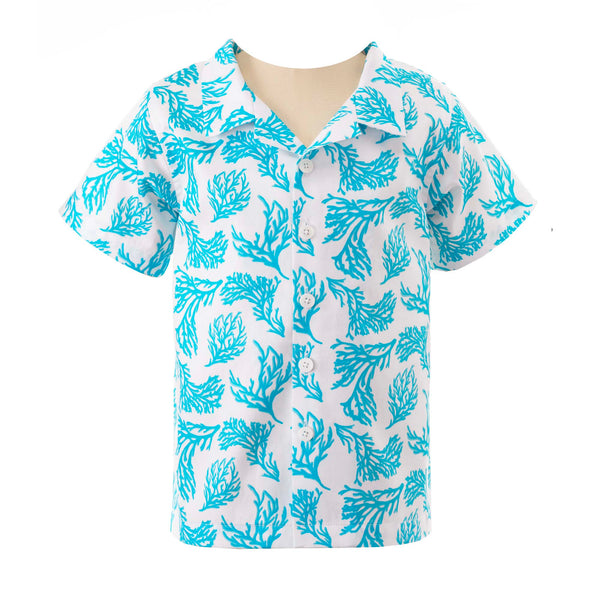 Boys soft cotton ivory shirt with aqua coral print.