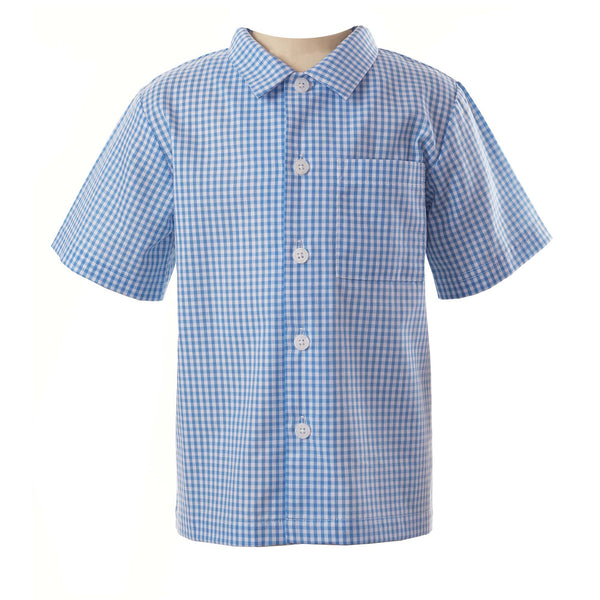 Boys open collar shirt in royal blue and ivory gingham cotton and chest pocket.