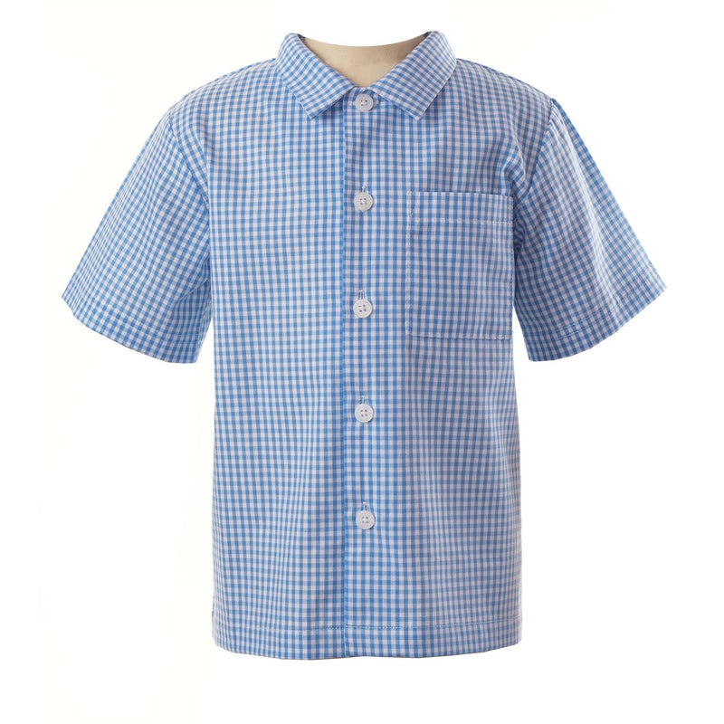 Boys open collar shirt in royal blue and ivory gingham cotton and chest pocket.