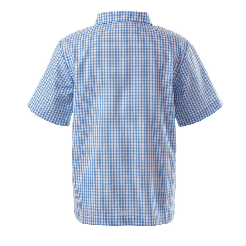 Boys open collar shirt in royal blue and ivory gingham cotton and chest pocket.