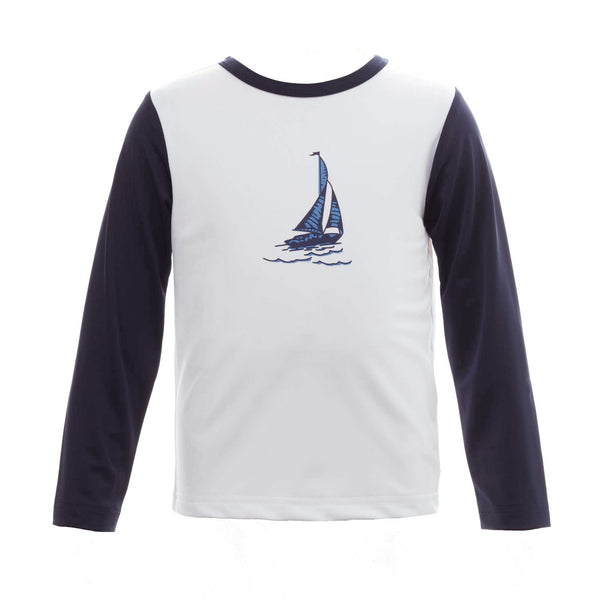 Boys rash gurd top with ivory bodice, navy sleeves and sailboat print on chest