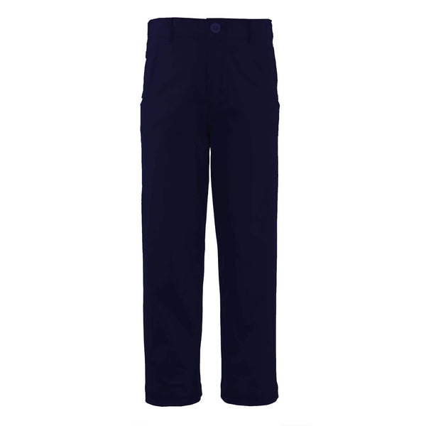 Boys navy chinos trousers with front and back pockets, belt loops and fly fastening.