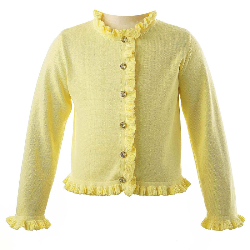 Girls yellow cotton cardigan trimmed with frills at front, neck and sleeves and jewel buttons.