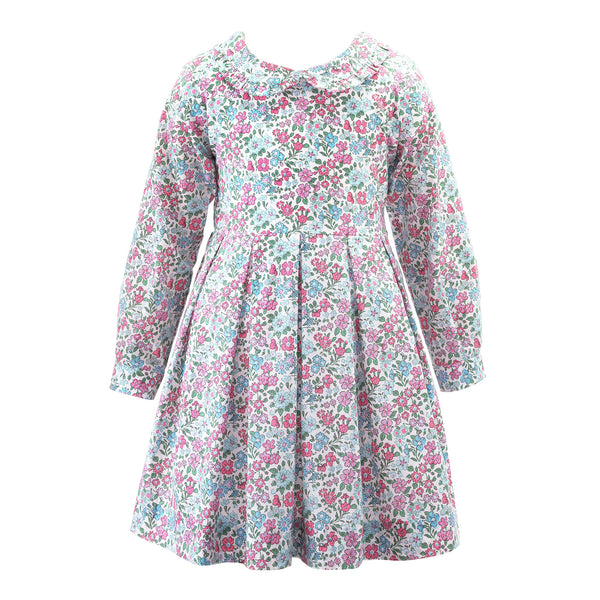 Girls pink and blue floral pleated dress, long sleeves, peter pan collar and sash tie at the back.
