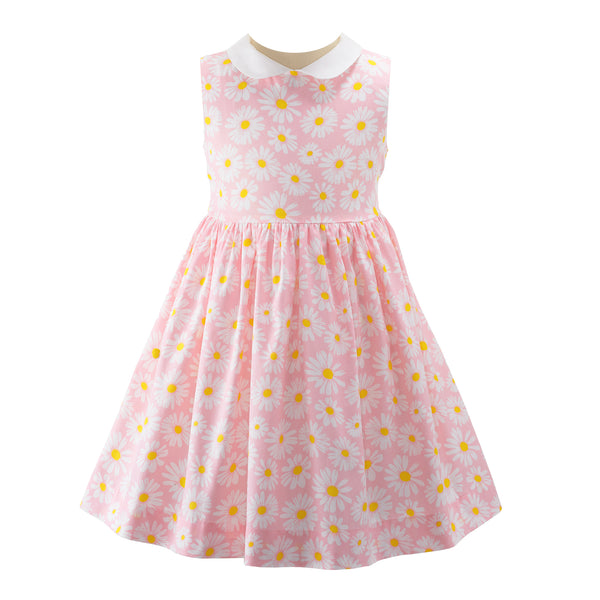 Girls pink sleeveless dress with daisy print and contrasting ivory peter pan collar.