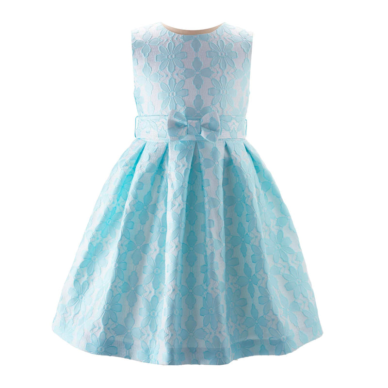 Girls aqua damask party dress with intricate lace design and full gathered skirt.