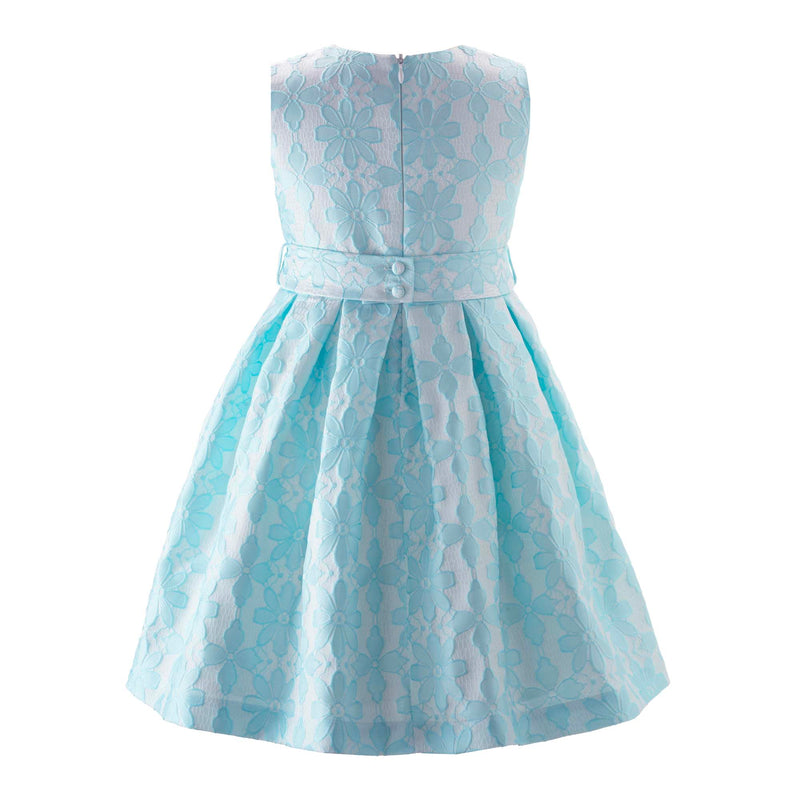 Girls aqua damask party dress with intricate lace design and full gathered skirt.