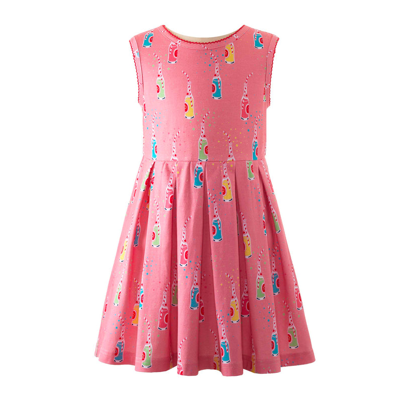 Girls pleated jersey dress with colourful soda pop print on pink base.