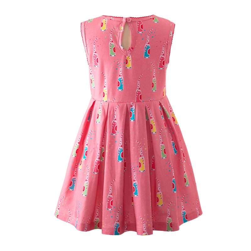 Girls pleated jersey dress with colourful soda pop print on pink base.