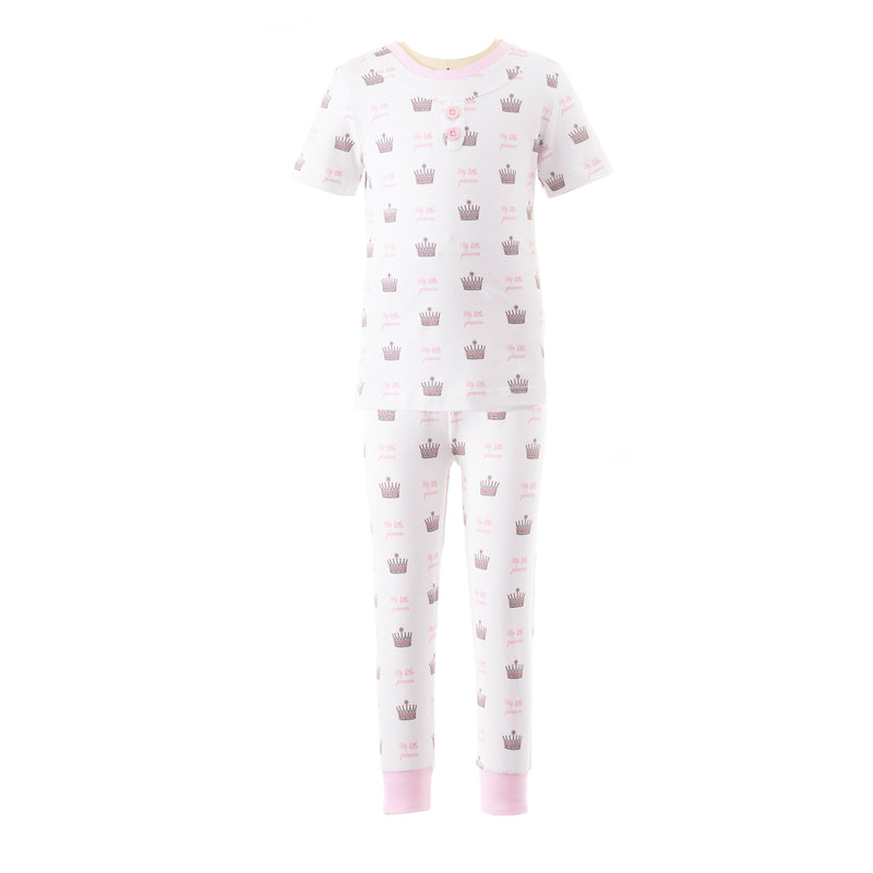 Girls white jersey pyjamas with "My Little Princess" print, with short sleeves and long trousers.