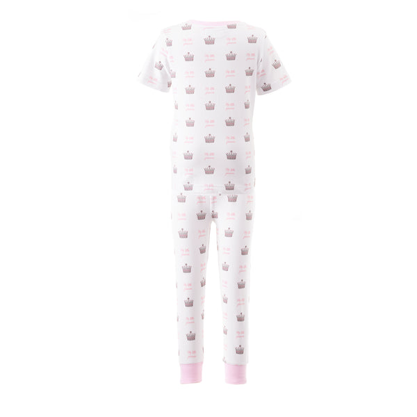 Girls white jersey pyjamas with "My Little Princess" print, with short sleeves and long trousers.