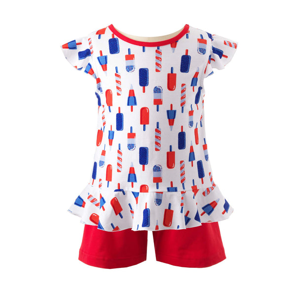 Girls jersey blue and red ice lolly print top with frill on shoulders and bottom hem, and red shorts