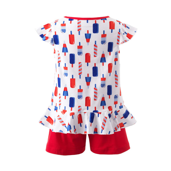 Girls jersey blue and red ice lolly print top with frill on shoulders and bottom hem, and red shorts