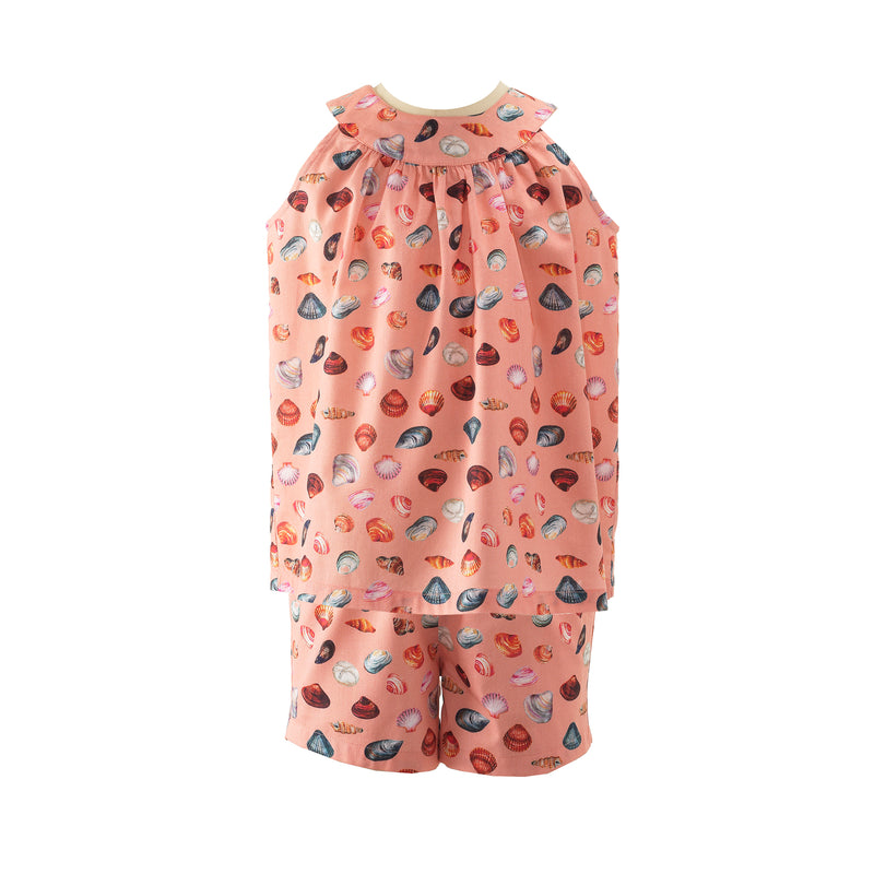 Girls top & shorts set featuring a vibrant sandy beach print on coral pink base.