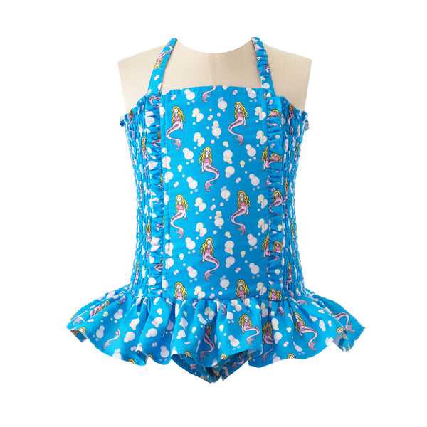 Girls blue ruched woven swimsuit with mermaid print, frill at front and gathered skirt.