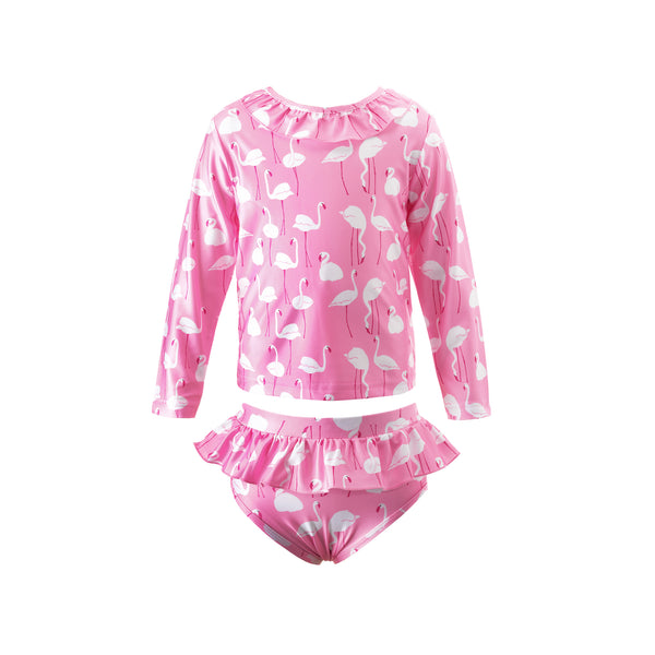 Girl two piece rash guard with long sleeves and frill bottom, with flamingo print on pink background