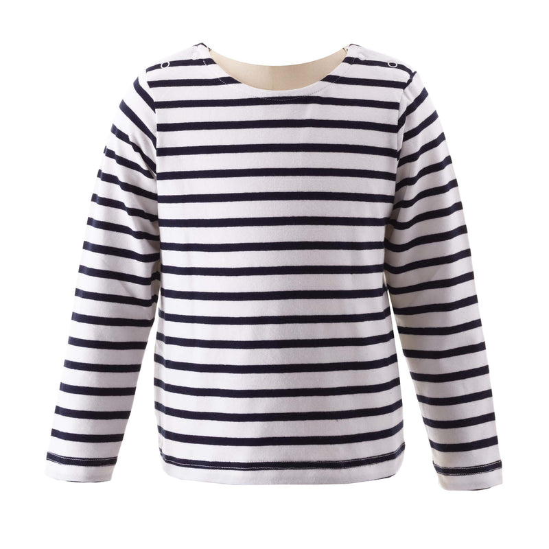 Unisex long sleeved jersey top with navy and white stripes.