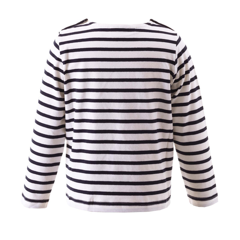 Unisex long sleeved jersey top with navy and white stripes.