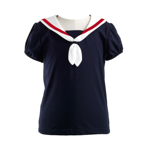 Girls navy jersey top with ivory sailor collar and red ribbon