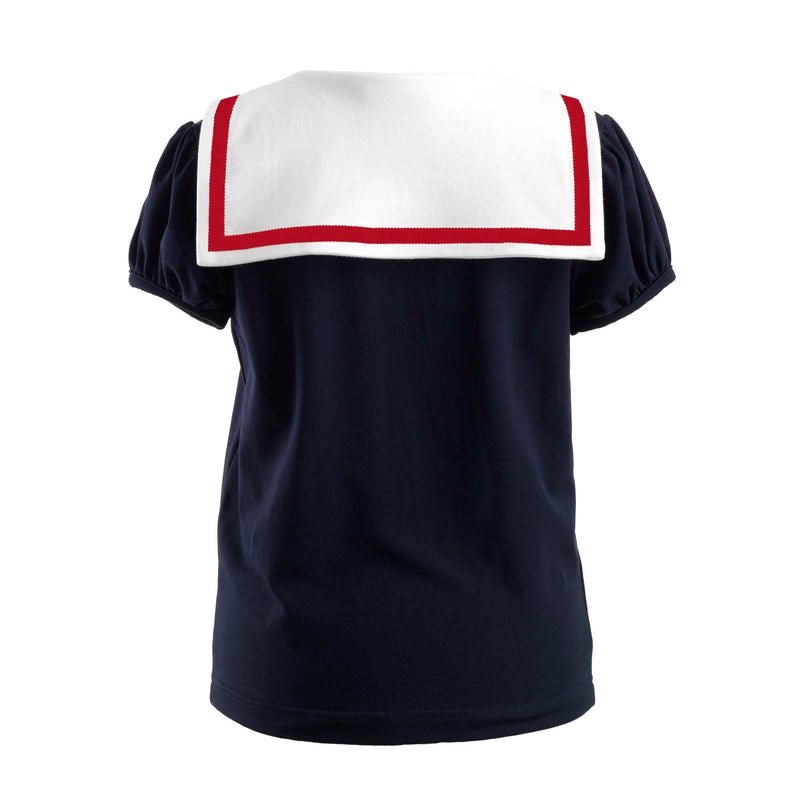 Girls navy jersey top with ivory sailor collar and red ribbon